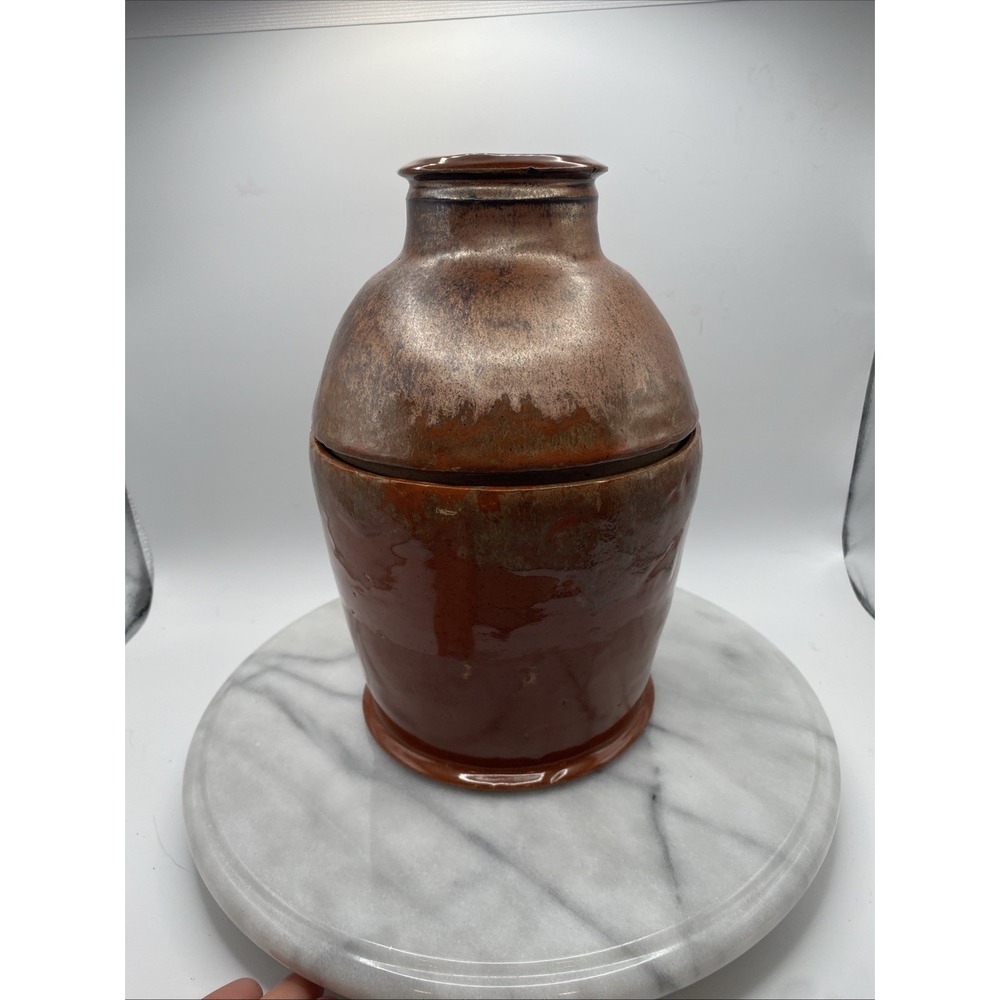 Studio Pottery Artisan Lidded Jar Brown Bronze Metallic Glaze 9.5 In Handcrafted